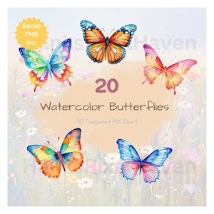Watercolor Butterfly Clipart, Cute Nursery Baby Girl Decor, Scrapbooking png. Fantasy pink, blue, green, orange, Monarch, Rainbow