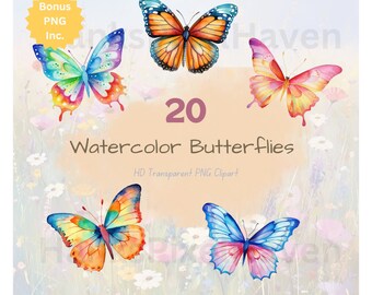 Watercolor Butterfly Clipart, Cute Nursery Baby Girl Decor, Scrapbooking png. Fantasy pink, blue, green, orange, Monarch, Rainbow
