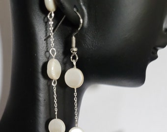 Freshwater Coin Pearl Dangle Earrings, 8mm, Sterling Silver, Flat Coin Pearls, White/Cream Color, Shepherd's Hooks, Artisan Made