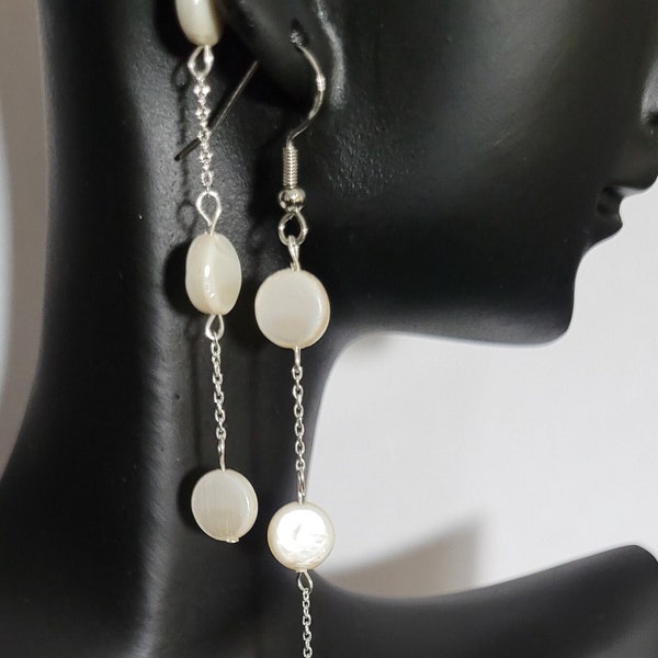 Freshwater Coin Pearl Dangle Earrings, 8mm, Sterling Silver, Flat Coin Pearls, White/Cream Color, Shepherd's Hooks, Artisan Made