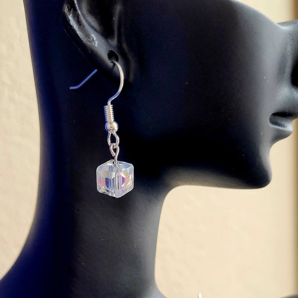 GeoSquare Drop Earrings, Czech Glass, Clear Square Block Dangles, Gifts For Mom, Gifts For Her, Silver French Hooks