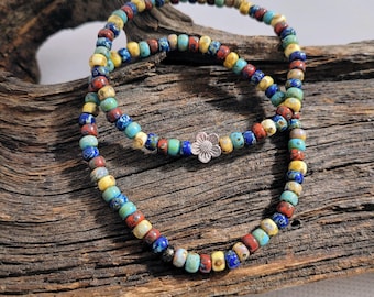 Boho Beaded Stretch Bracelet: Earth Tone Flower Focal, Colorful Handmade Jewelry