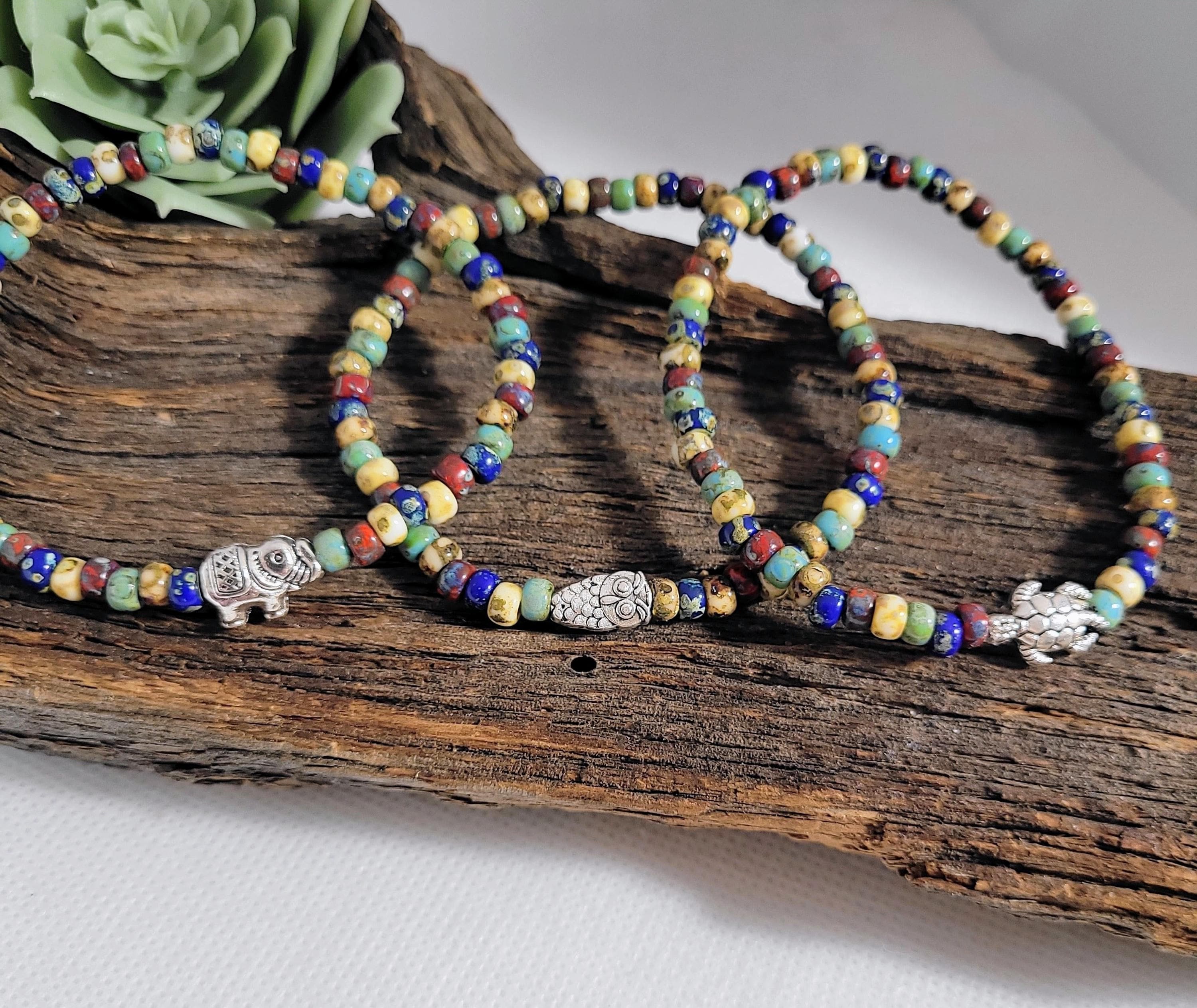 Beaded Bracelet with Elephant, Turtle or Owl Focal &bull; Single or Two Piece Set &bull; Artisan Col