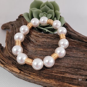 Shell Pearl Stretch Bracelet, 12MM, Gold Coil Accent Bracelet,