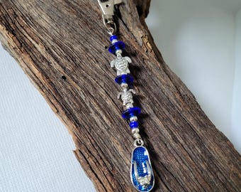 Handmade Bag Charm • Rhinestone Flip Flop and Turtle • Ocean Blue Coastal Accessory