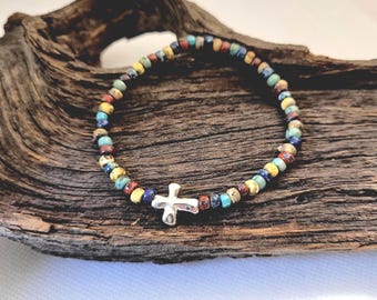 Sideways Cross Bracelet, Dainty Cross Bracelet, Christian Bracelet, Faith Jewelry, Picasso Mix Seed Beads, Christian Gift