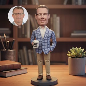 May include: A bobblehead figurine of a man wearing glasses, a white shirt, a blue plaid blazer, and tan pants. The figurine holds a mug that says "World's Best Boss." The bobblehead is on a gray circular base.