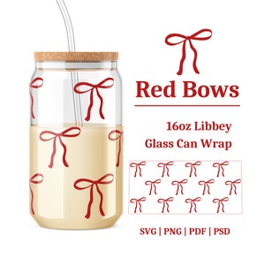 May include: A clear glass can-shaped tumbler with a cork lid and a clear straw. The glass is decorated with red bow patterns. The text "Red Bows" and "16oz Libbey Glass Can Wrap" are displayed in red.