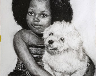 Custom charcoal drawing , Girl and her pet charcoal, Personalized figure drawing, unique gift idea, Charcoal drawing, order from photo.
