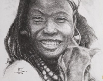 Smiling black woman Charcoal drawing,black woman wall art, African woman drawing,calf /pet drawing, black/African art print, woman wall art