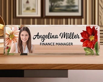 Personalized photo Name Plate for Desk | Custom Office  Nameplate Sign | Sign with Name and Job | Flowers Wild Design On Clear Acrylic Glass