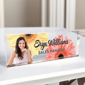 Personalized photo Name Plate for Desk , Custom Office  Nameplate Sign , Sign with Name and Job , Flowers Wild Design On Clear Acrylic Glass
