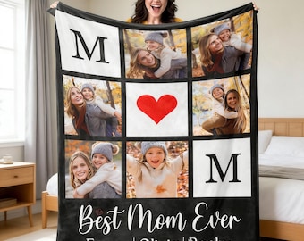 May include: A black and white personalized blanket with a grid of family photos, a red heart, and the text "Best Mom Ever". The blanket also features the letter "M" and the names Emma, Olivia, and Rocky.