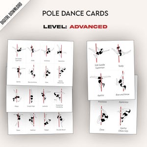 Puede incluir: Un conjunto de 16 ilustraciones en blanco y negro de movimientos de pole dance, etiquetados con sus nombres. Las ilustraciones están dispuestas en cuatro filas de cuatro, con cada fila representando un nivel de dificultad diferente. El título "POLE DANCE CARDS" y "LEVEL: ADVANCED" están en la parte superior de la imagen.