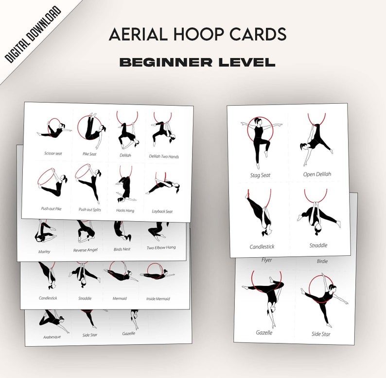 Pu&ograve; includere: Un set di 20 illustrazioni in bianco e nero di pose di cerchio aereo su carte bianche. Le pose sono etichettate con i loro nomi, come "Delilah", "Stag Seat" e "Candlestick". Le carte sono intitolate "Aerial Hoop Cards Beginner Level".
