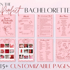 Rosa handgezeichnete anpassbare Bachelorette 15+ Seitenplaner & Reiseplaner - Packlisten, Partyspiele, Inspo, Barkarte + mehr