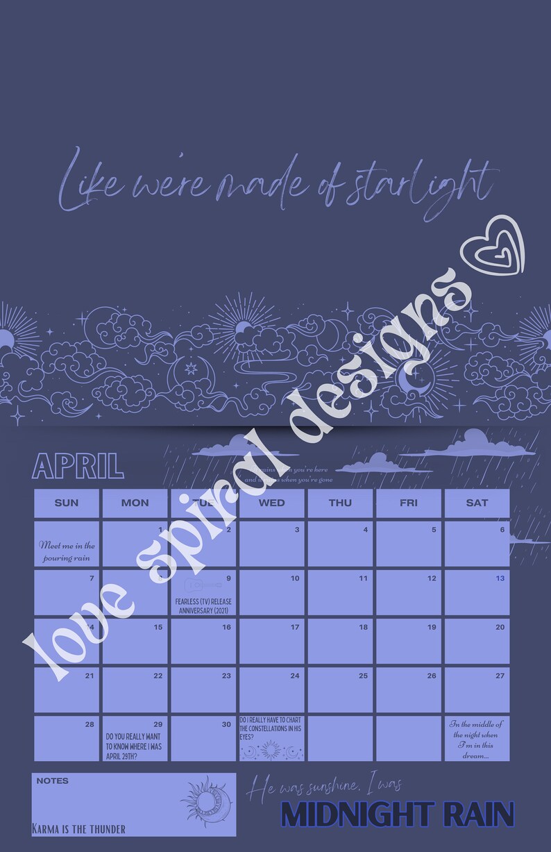 Taylor Swift Lyric 2024 Wall Calendar Etsy Ireland