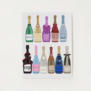 Taylor Swift Album Inspired Champagne Bottle Print, Hand Drawn, Bar Cart Happy Hour Wall Art, Eras Tour Cocktail Poster, Swiftie Art, TTPD