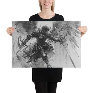 Erzengel-Kampf-Kunstplakat, komplizierte Bleistiftzeichnung des himmlischen Kriegers, Wanddekoration in Museumsqualität, spirituelle Geschenkidee