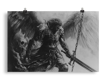 Archangel Battle Art Poster, Intricate Pencil Drawing of Heavenly Warrior, Museum-Quality Wall Decor, Spiritual Gift Idea