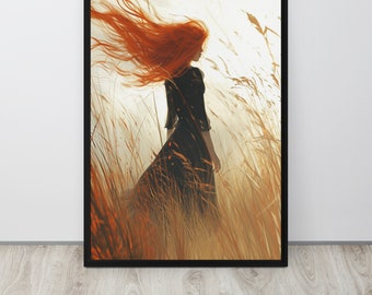 Windblown Redhead in Fields Wall Art - Framed Canvas Print - Serene Countryside Decor - Perfect Gift for Her