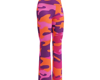 Flare Leggings - Bright Camo Design in Pink Orange Purple, Perfect for Yoga, Fitness, or Casual Wear, Great Gift!