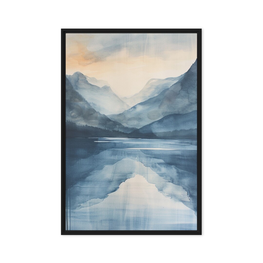 Serene Mountain Lake Watercolor Print, Framed Canvas Art for Home Decor ...