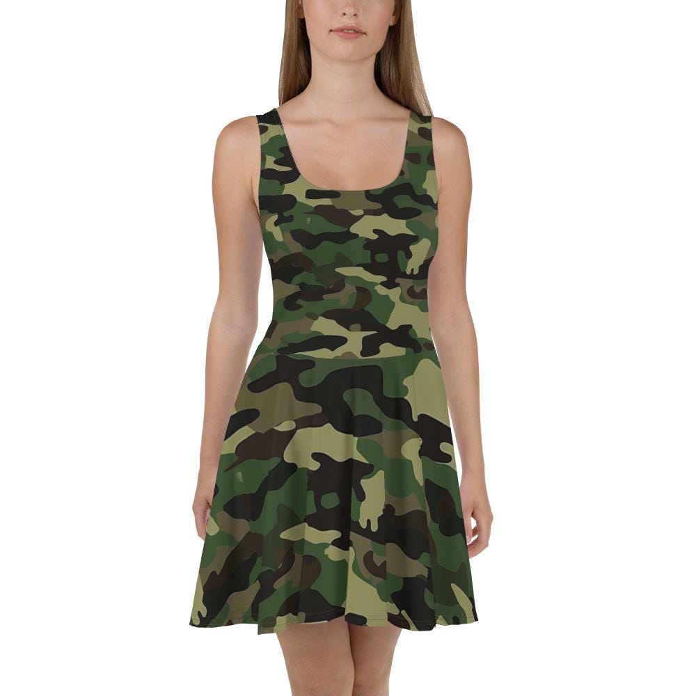 Camo Skater Dress, Trendy camo print sleeveless dress for summer outings, Perfect birthday gift for the stylish girl