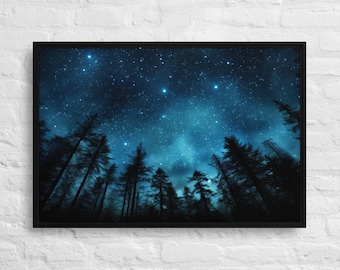 Starry Night Sky Over Forest Framed Canvas Print, Majestic Cosmic Trees Wall Art, Home Decor Gift, Unique Housewarming Present