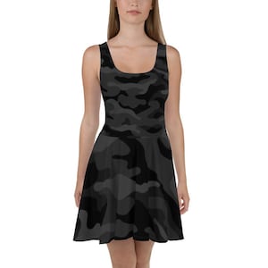 Dark Camo Skater Dress, Stylish Camo Print Dress for Everyday Wear, Trendy Gift for Fashion Lovers