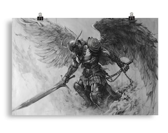 Heavenly Guardian Art Print, Detailed Angel Combat Scene, Premium Poster for Home, Inspirational Gift for Art Lovers