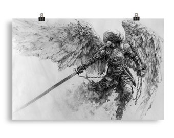 Heavenly Guardian Art Print, Detailed Angel Combat Scene, Premium Poster for Home, Inspirational Gift for Art Lovers