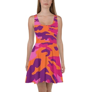 Camo Skater Dress - Vibrant Orange and Pink Camo Design for Fun Outings, Perfect Summer Party Dress Gift for Fashion Lovers