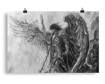 Angelic Swordfight Poster, Exquisite Archangel vs Demons Drawing, High-Quality Print, Unique Housewarming Gift