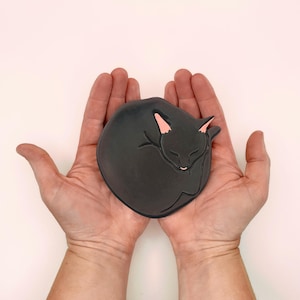 May include: A dark gray cat-shaped ceramic dish with pink inner ears and a closed-eye design. The cat is curled up in a sleeping position. The dish is held in open hands against a white background.