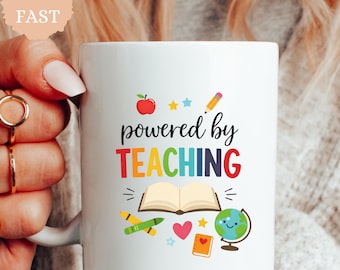 Powered By Teaching Mug Gift, Colorful Teacher Coffee Mug, Cute Classroom Mug For Educators, Back To School Gift For Teachers