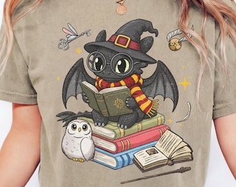 Toothless Shirt, reading dragon Shirt, fantasy bookish Gryff  Witch Halloween tshirt, Night Fury Wizard Universal Studios, epic universe