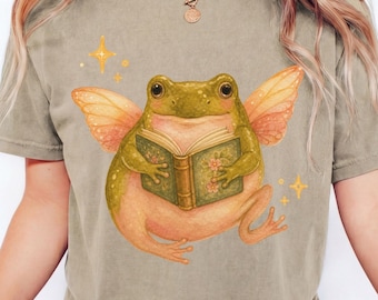 Fairy Frog Reading Book Shirt, Whimsical Cottagecore Comfort Colors Tee, Book Lover Gift, Cozy Fantasy magical Graphic Tee