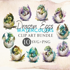 May include: A watercolour clip art bundle showing ten dragon eggs, each with a baby dragon inside. The eggs are cracked open, with the dragons in shades of green, blue, and yellow. The text "Dragon Eggs Watercolors Clip Art Bundle 10 SVG+PNG" is also included.
