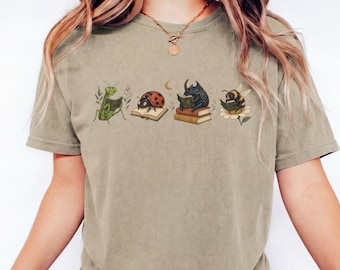 Bookish bugs shirt, insects book lover tshirt, mantis, beetle, lady bug botanical cottage core tee, booktrovert t-shirt, reader gifts, cozy