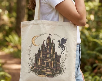 Fantasy bookish tote Bag, Dragon magical castle booklovers gift, librarian book lover gifts, romantasy girly readers, bookworms book club