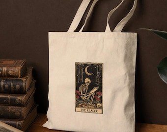 Dark academia tote bag, tarot the reader gothic bookish gitfs for witchy bibliophile, librarian booktrovert alternative reading goth gift