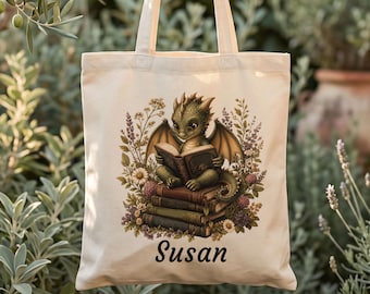 Bookish Dragon Personalized Tote Bag, Custom Gift for Readers, Teachers & Bookworms,  fantasy Name Booklover, booktrovert gifts, book club