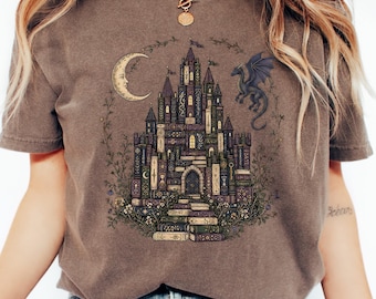 Bookish magical Castle T-Shirt |  Dragon Fantasy Graphic Tee, Comfort Colors® T-Shirt, Grunge Top, Reader Gift Gothic shirts