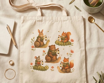 Woodland tote bag, cute bookish wood land animals, forest cottagecore fox, rabbit,  squirrel, bear, gift for book lovers, librarian gifts
