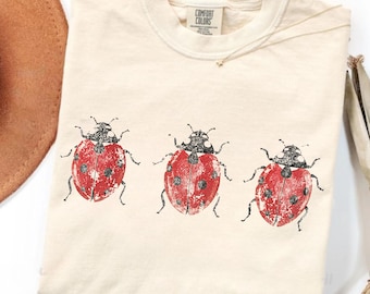 Ladybug shirt, lady bug comfort colors tee, ladybugs vintage cottage core tshirt, gardening lovers gifts, Botanical Insect Tee, cozy girly