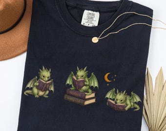 Bookish dragon Shirt, Cute Book Lover Gift Fantasy Dragons Tee, Cozy Reader tshirt, Comfort Colors booktrovert Shirt, Librarian reading Gift