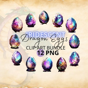 Uova magiche scintillanti di drago iridescente 12 PNG Clip art per incantevoli creazioni di carta, album di ritagli stravaganti e altro ancora fantasy cricut download holo