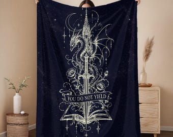 Romantasy blanket, fantasy bookish fleece sherpa, book lover readers bedroom, throw You Do Not Yield, cozy booktrovert gifts, magical dragon