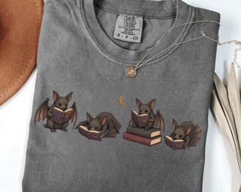 Bookish Bat Shirt,  bats book lover tshirt, Reading Bats Tee , Bat  llustration T-shirt, booktrovert gift, bibliophile gifts for librarian